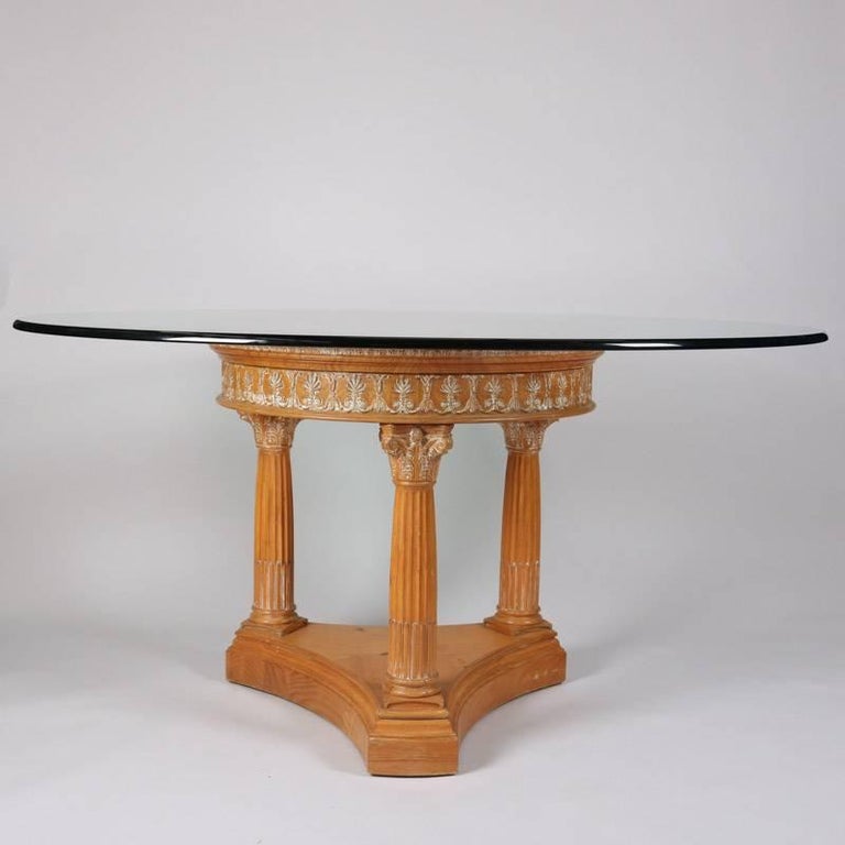 Classical White Washed Corinthian Column Glass Top Dining Table, 20th