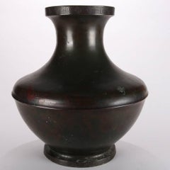 Oversize Antique Japanese Meiji Bronze Floor Vase, Greek Key Pattern