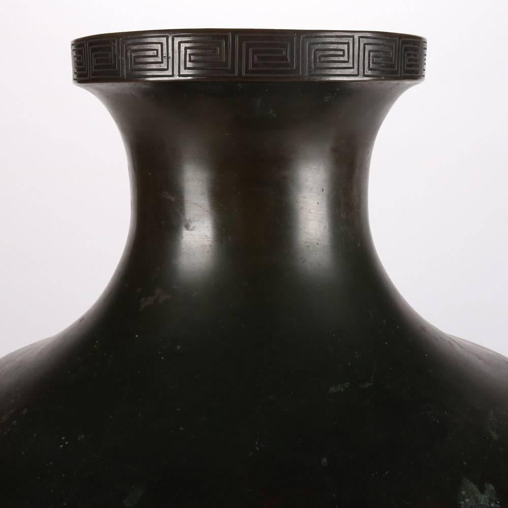 19th Century Oversize Antique Japanese Meiji Bronze Floor Vase, Greek Key Pattern