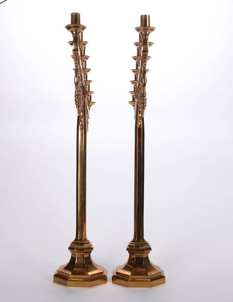 Pair of Gilt Gothic Style Seven-Light Candelabra with Grape and Leaf Motif In Good Condition In Big Flats, NY