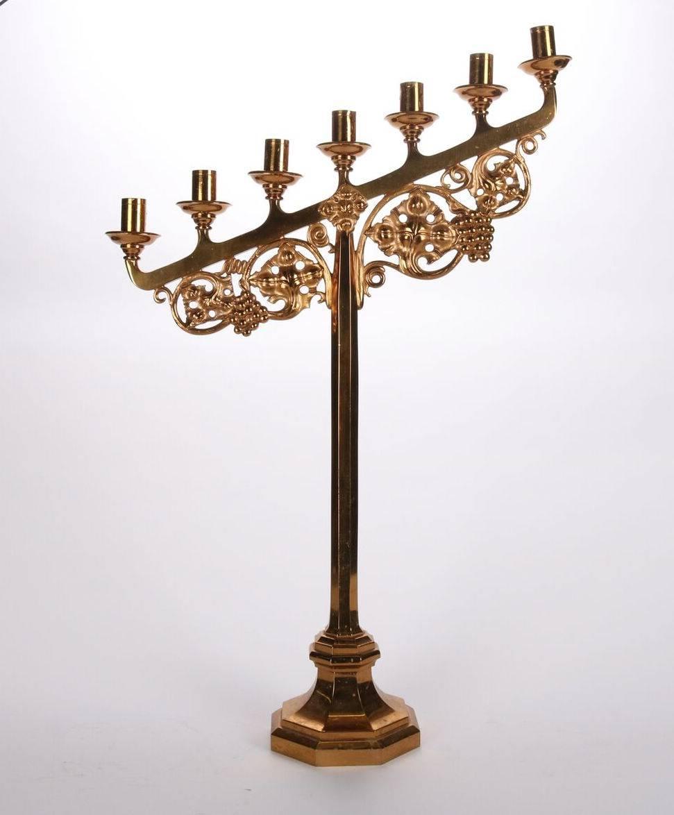 Pair oversize gilt Gothic style candelabra feature seven candles with grape and scroll motif, 20th Century

***DELIVERY NOTICE – Due to COVID-19 we are employing NO-CONTACT PRACTICES in the transfer of purchased items.  Additionally, for those who