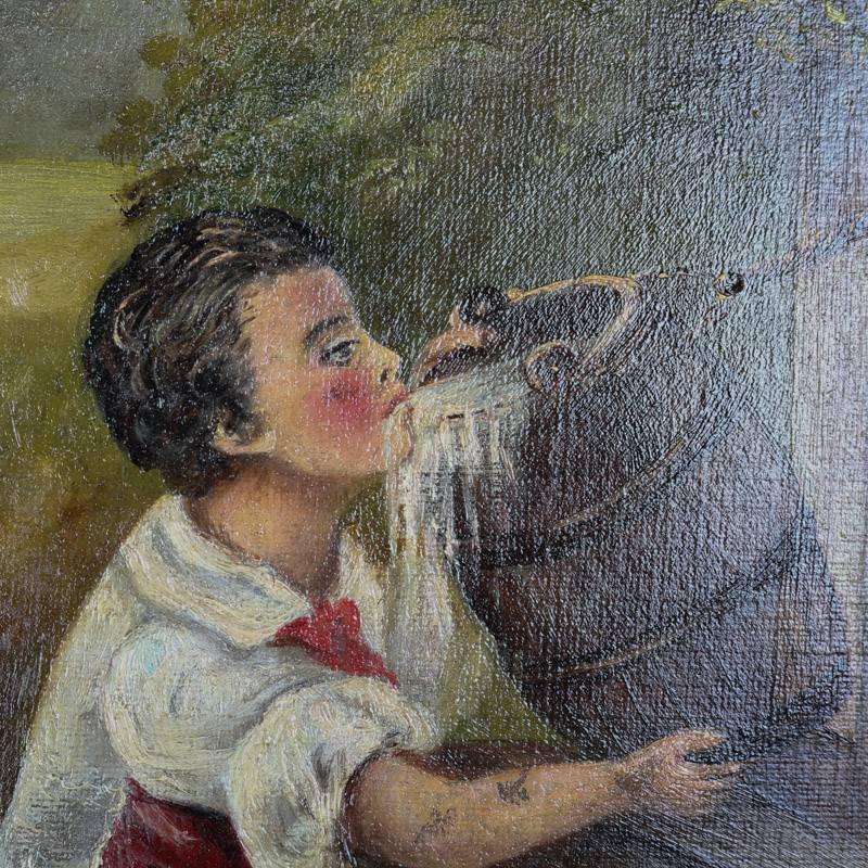 European Antique Oil on Canvas Painting of Boy Drinking at the Well, Framed, 19th Century