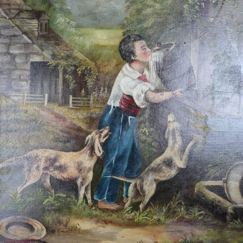 Antique oil on canvas painting of boy drinking at the well with his dogs, giltwood framed, unsigned, 19th century

Measures: 28" H x 21" W x 2.5" D, frame; 21" H x 15" W, sight.