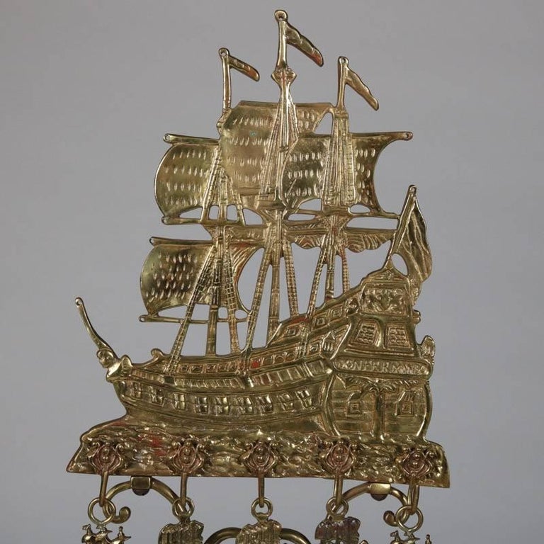 Antique Brass Nautical Tall Mast Clipper Ship Fireplace Tool Set, 20th