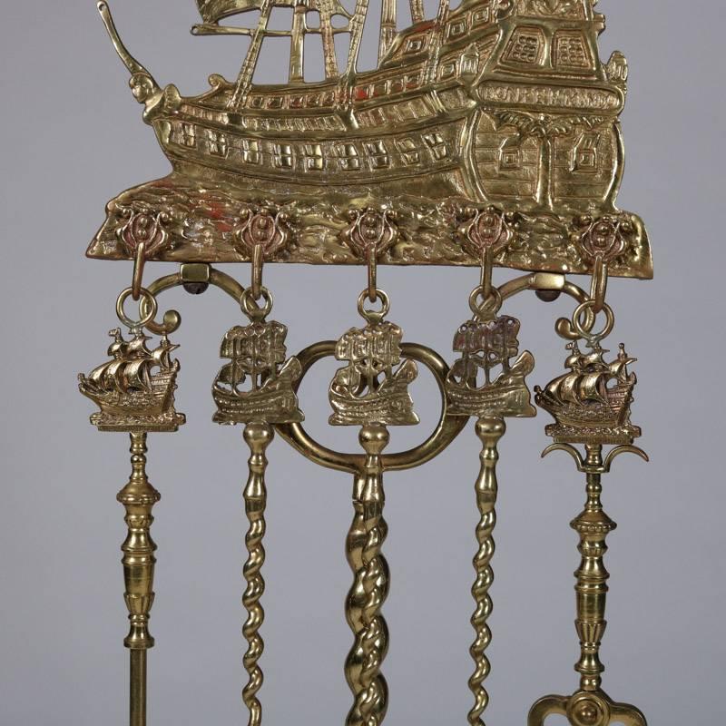 Antique Brass Nautical Tall Mast Clipper Ship Fireplace Tool Set, 20th Century 1