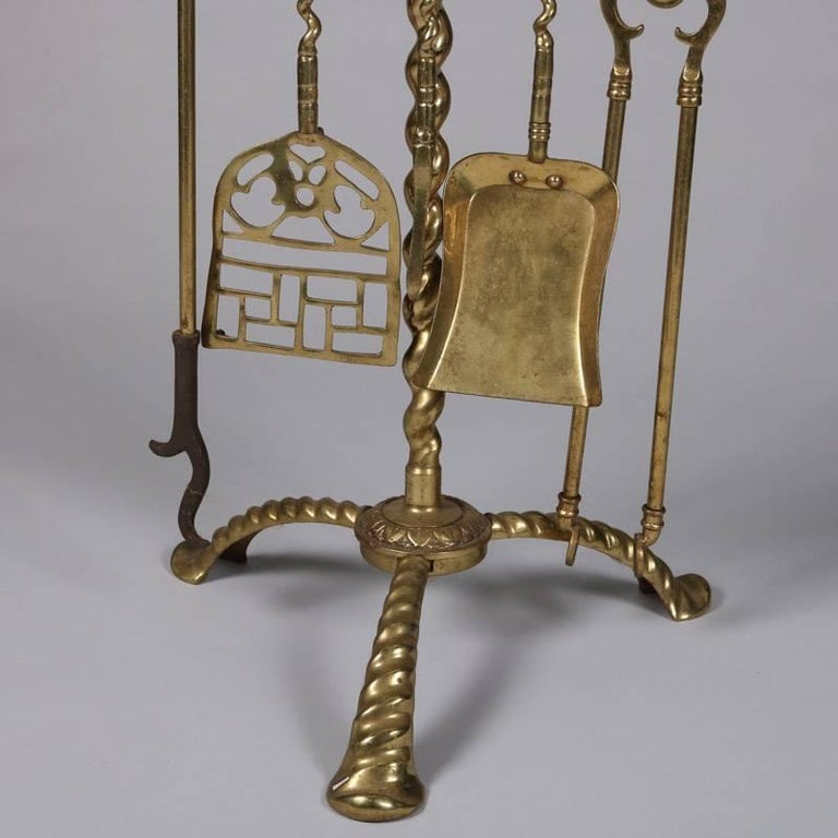 Antique Brass Nautical Tall Mast Clipper Ship Fireplace Tool Set, 20th