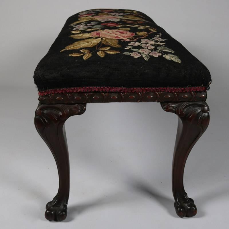 Upholstery Antique Chippendale Carved Mahogany Bench with Floral Needlepoint Cushion