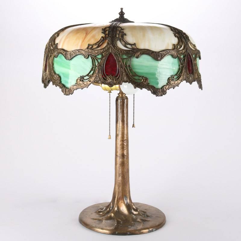 American Antique Art Nouveau Slag Glass and Gilt Bronze Lamp by Charles Parker