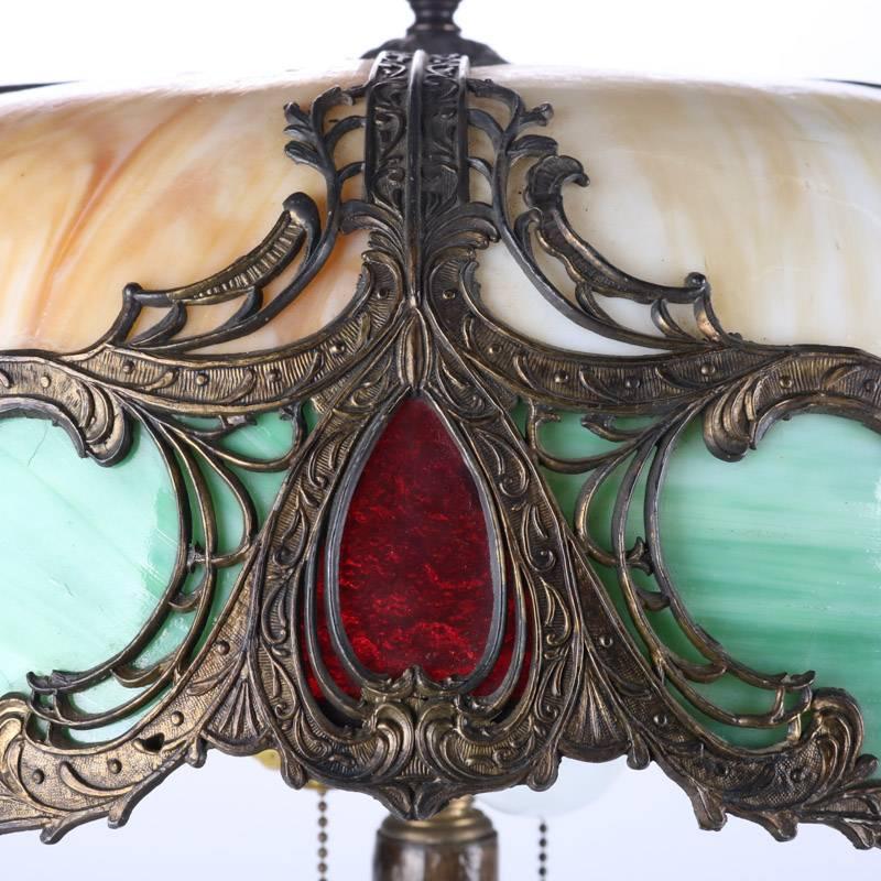 20th Century Antique Art Nouveau Slag Glass and Gilt Bronze Lamp by Charles Parker