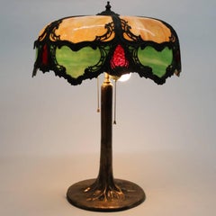 Antique Art Nouveau Slag Glass and Gilt Bronze Lamp by Charles Parker