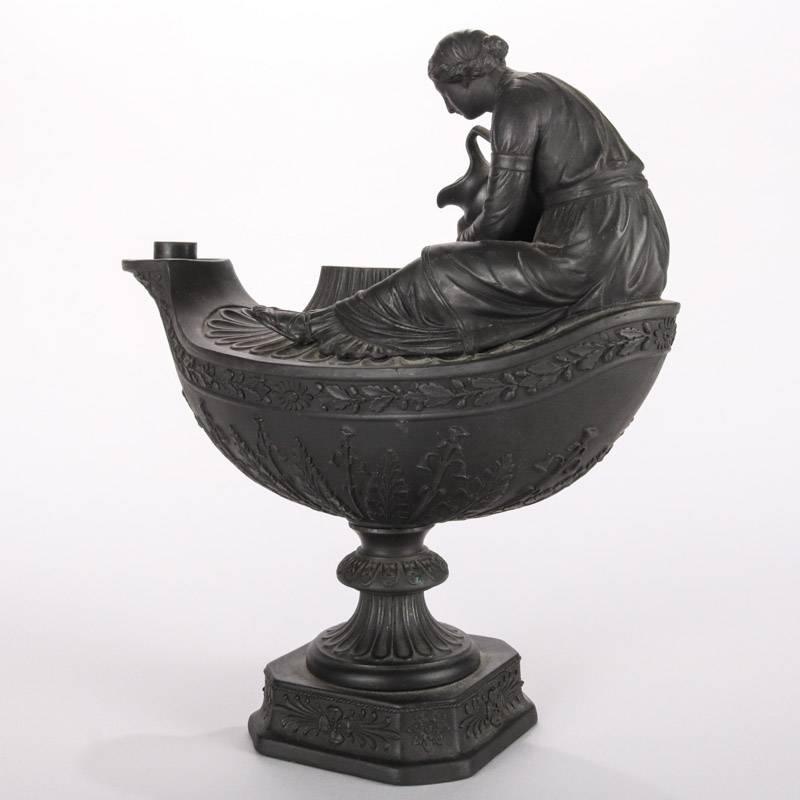 English Antique Wedgwood Black Basalt Figural Vestal Oil Lamp Urn, 19th Century