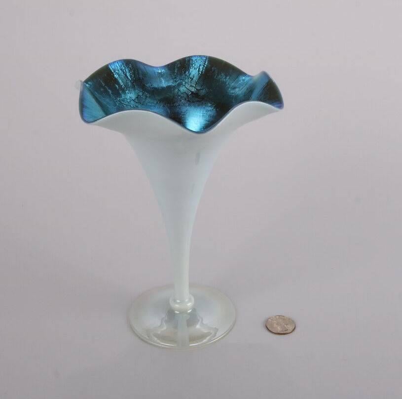 American Antique & Fine Steuben Blue Aurene over Calcite Ruffled Rim Fluted Trumpet Vase