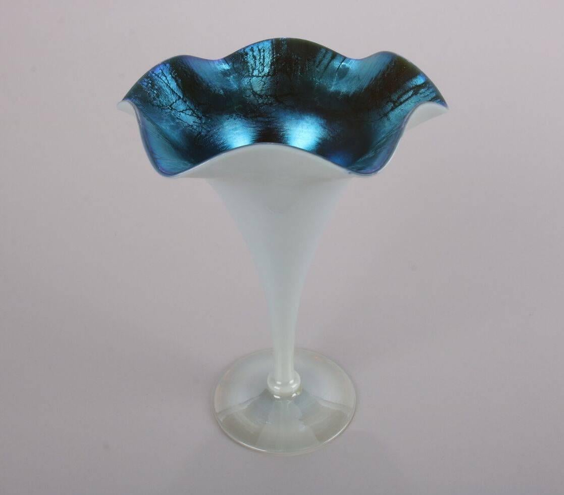 Hand-Crafted Antique & Fine Steuben Blue Aurene over Calcite Ruffled Rim Fluted Trumpet Vase