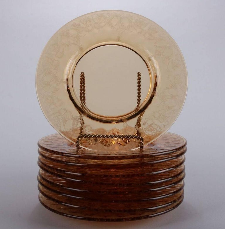 Nine Antique Art Nouveau Etched Amber Glass Plates, Pattern