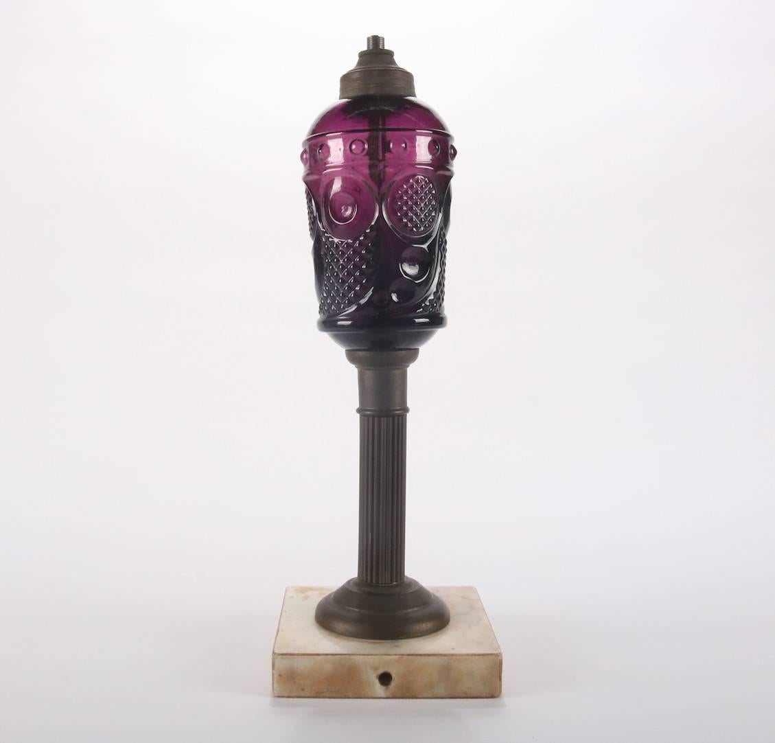 Bronze Antique and Rare EAPG Flint Glass Comet or Horn of Plenty Amethyst Oil Lamp