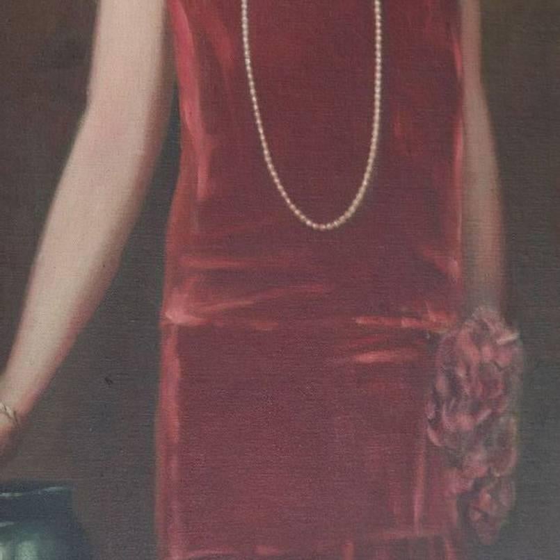Hand-Painted Oversize Antique Oil on Canvas Portrait Painting of Lady in Flapper Dress