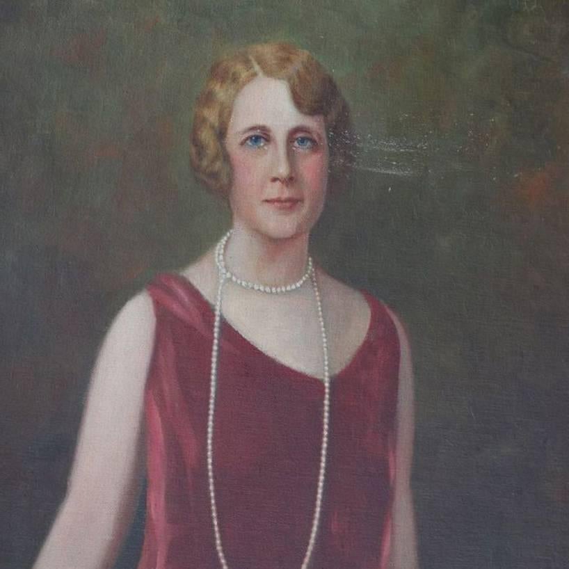Oversize antique oil on canvas painting depicts full length portrait of woman in flapper dress with pearls, circa 1920 

Measures: fr: 50.75" H x 40.75" W x 3" D, los: 40" H x 30" W.
