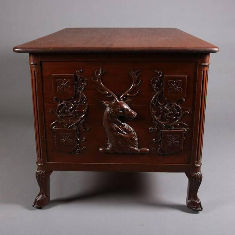 Antique German Carved Mahogany Black Forest Style Stag Partners' Desk In Good Condition In Big Flats, NY