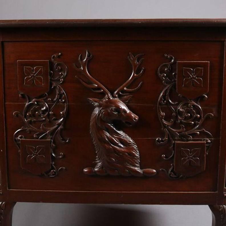 Antique German Carved Mahogany Black Forest Style Stag Partners' Desk 1