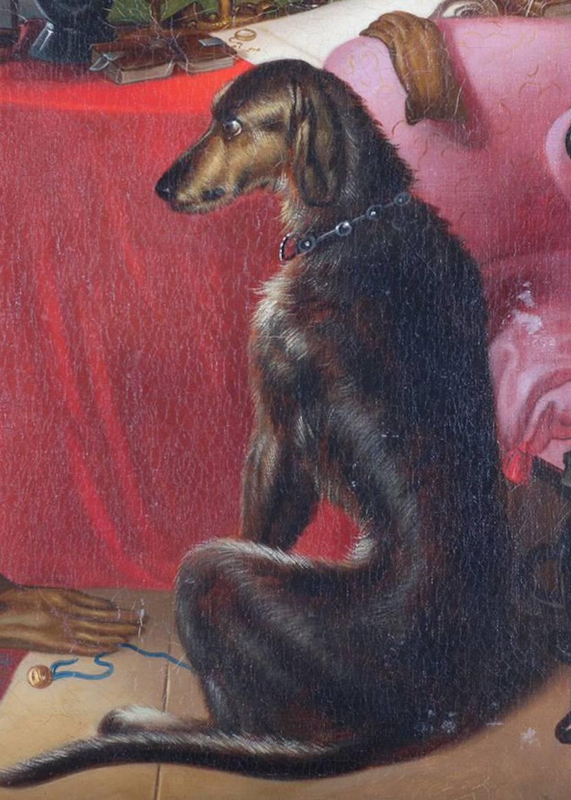 Antique oil on canvas dog portrait of a Borzois in a castle sitting nest to a table with knight helmut and gold pocket watch, "The Good Life", signed and dated lower right Jaun Currie '78, giltwood surround

Measures: - fr: 26.5" H