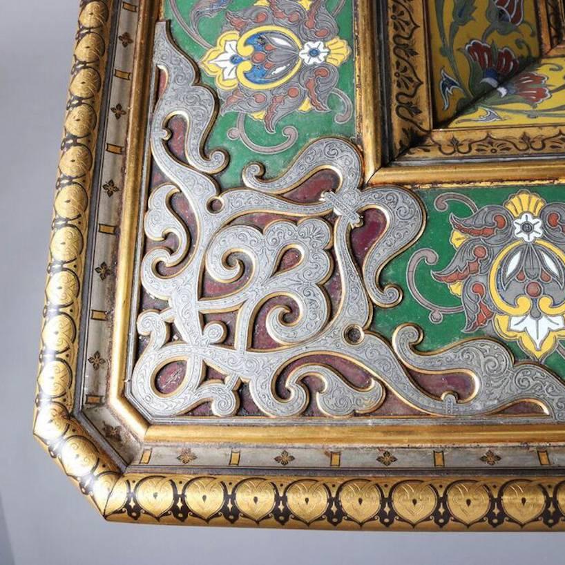19th Century Important Antique Moorish Arabesque Enameled Silver Table, Carved Hardwood Base