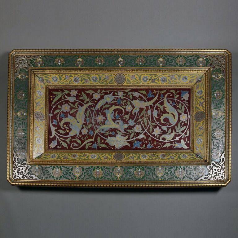 Chinese Important Antique Moorish Arabesque Enameled Silver Table, Carved Hardwood Base