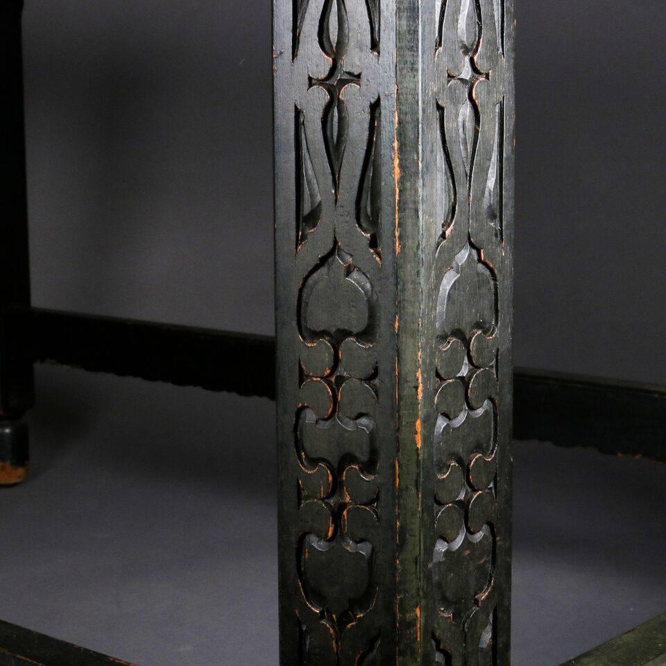 Important Antique Moorish Arabesque Enameled Silver Table, Carved Hardwood Base 1