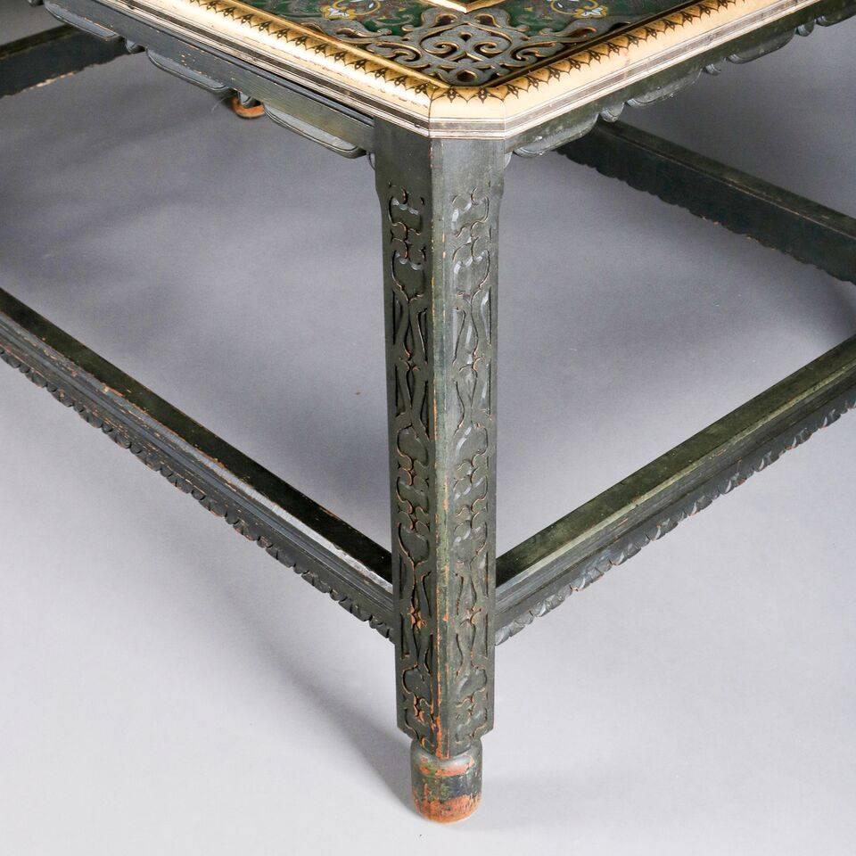 Important Antique Moorish Arabesque Enameled Silver Table, Carved Hardwood Base 2