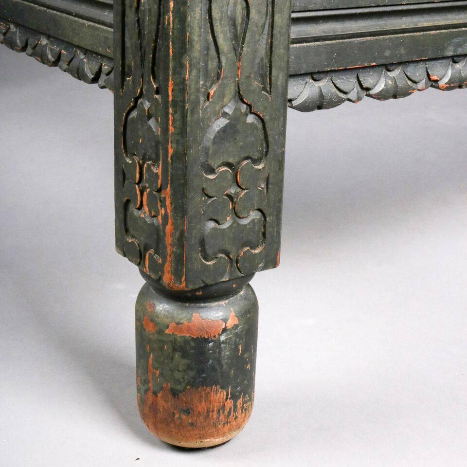 Glass Important Antique Moorish Arabesque Enameled Silver Table, Carved Hardwood Base