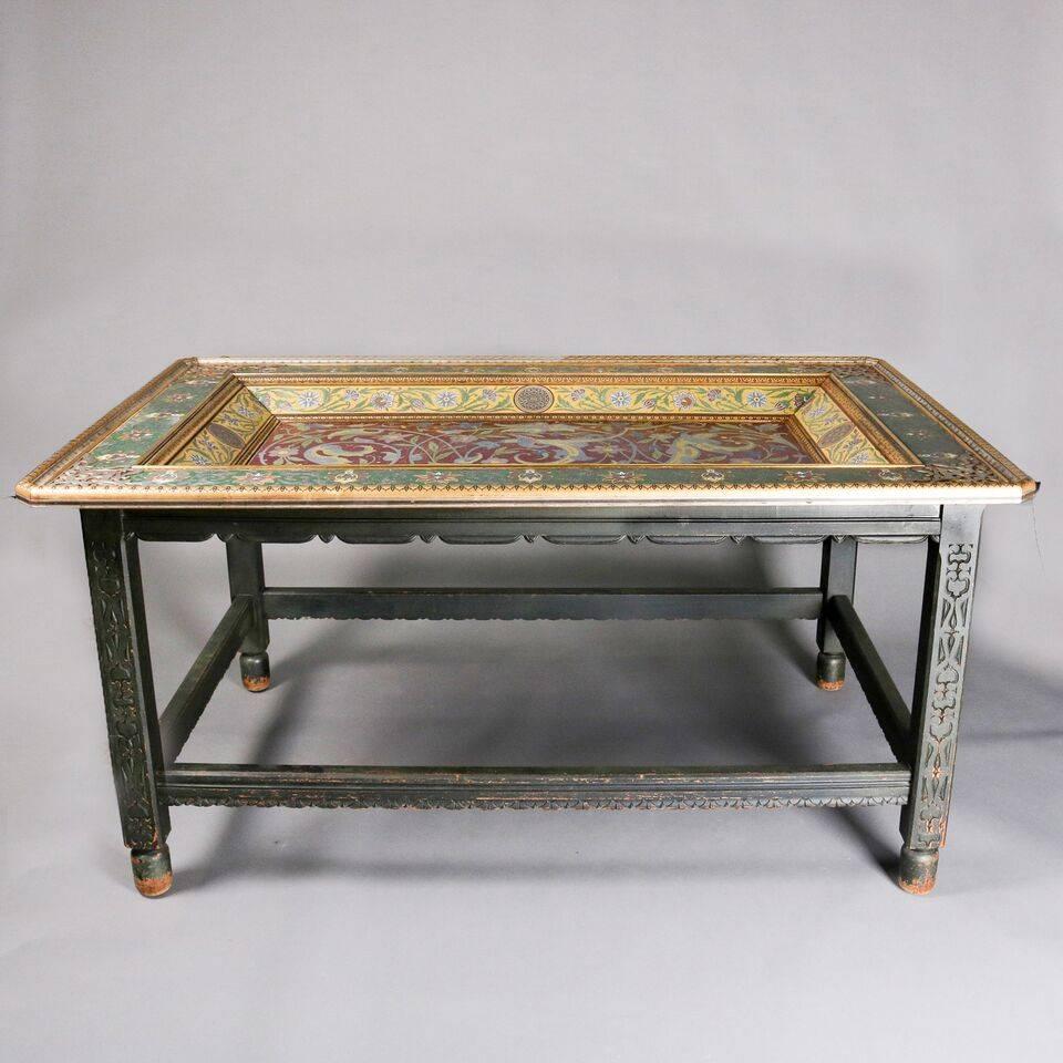 Important Antique Moorish Arabesque Enameled Silver Table, Carved Hardwood Base 3