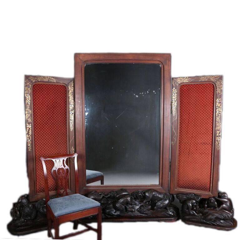 Important and antique Chinese hardwood figural dressing mirror of the historic Lowe's State Theatre in Syracuse, NY features heavily carved base units with Greek Key bordering and each of the 12 members of the Chinese Zodiac (Rat, Ox, Tiger, Rabbit,