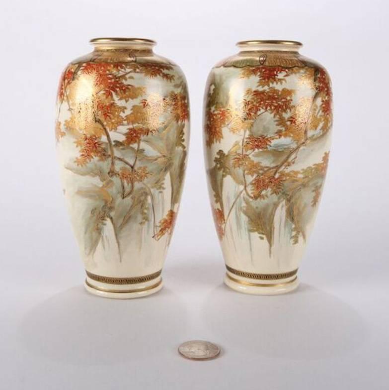 Taiwanese Pair of Petite Chinese Hand-Painted and Gilt Pottery Satsuma Vases, Formosa