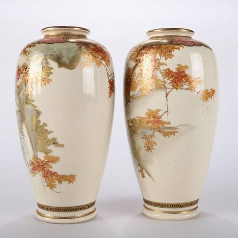 20th Century Pair of Petite Chinese Hand-Painted and Gilt Pottery Satsuma Vases, Formosa
