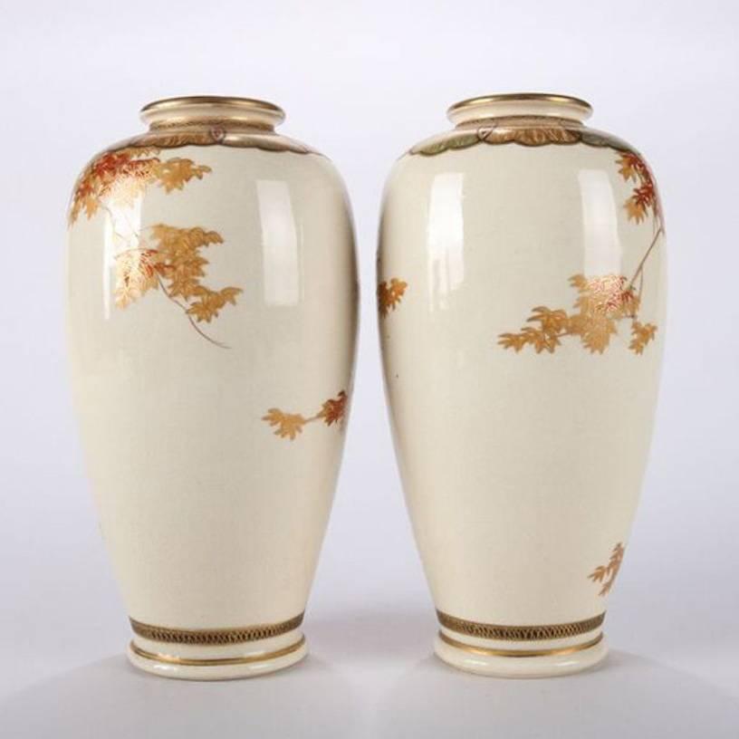 Pair of Petite Chinese Hand-Painted and Gilt Pottery Satsuma Vases, Formosa In Good Condition In Big Flats, NY