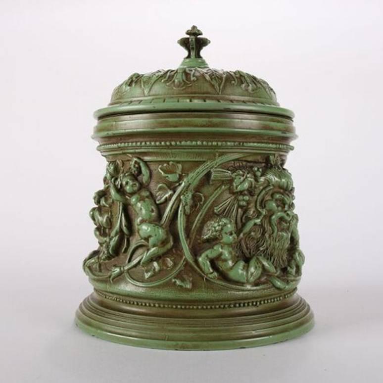 Classical Greek Antique Classical Verdigris Enameled White Metal Copper Lined Humidor