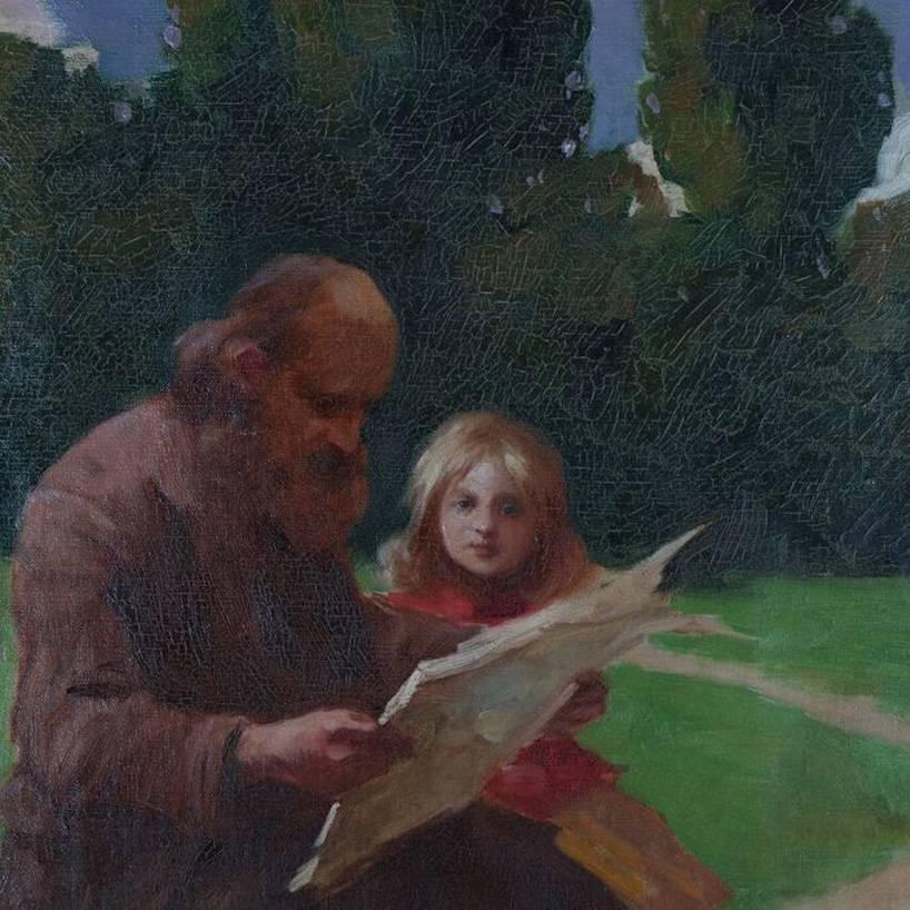 Antique oil on canvas painting "Today's Paper" depicts father and daughter on park bench reading the daily newspaper, signed lower right Kacz, plaque lower centre on frame, 20th century

Measures - fr: 30" H x 25" W x