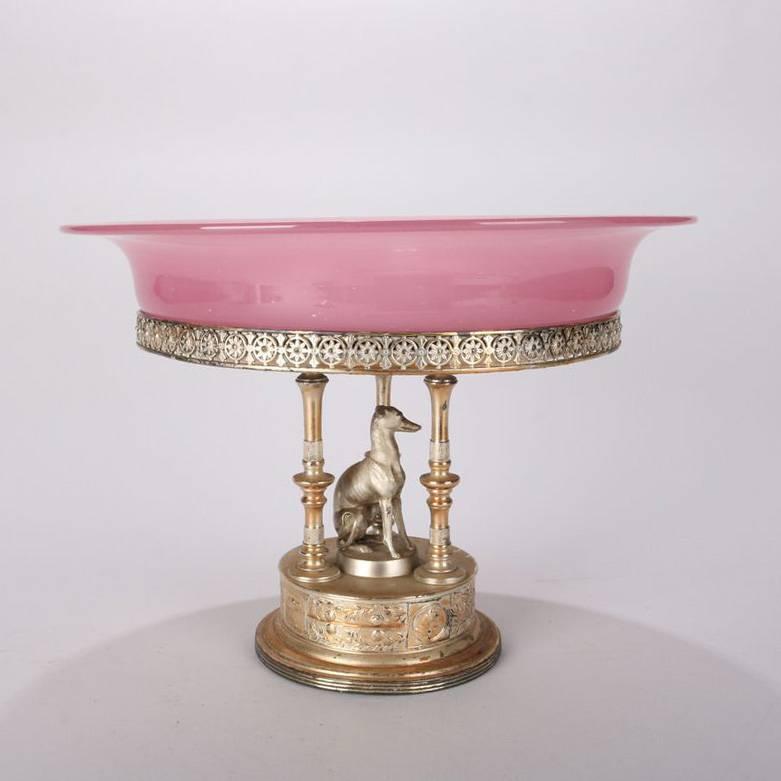 19th Century Antique Stand Steuben Rosaline Bowl in Reed & Barton Silver Plate Whippet Stand