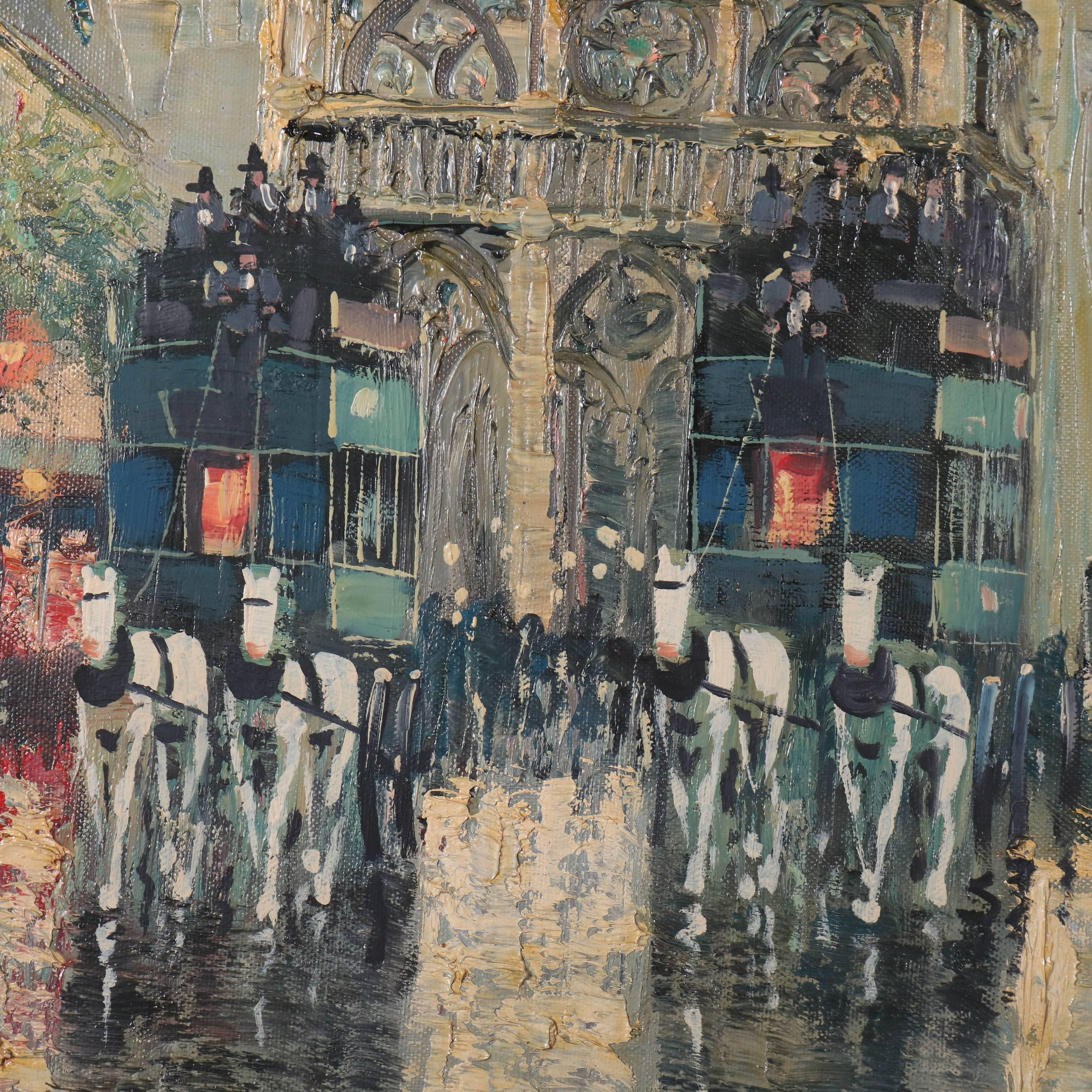 French Impressionist oil on canvas cityscape Paris street scene by M Pastele.

Measures - 24" H X 36" W X .75" D.