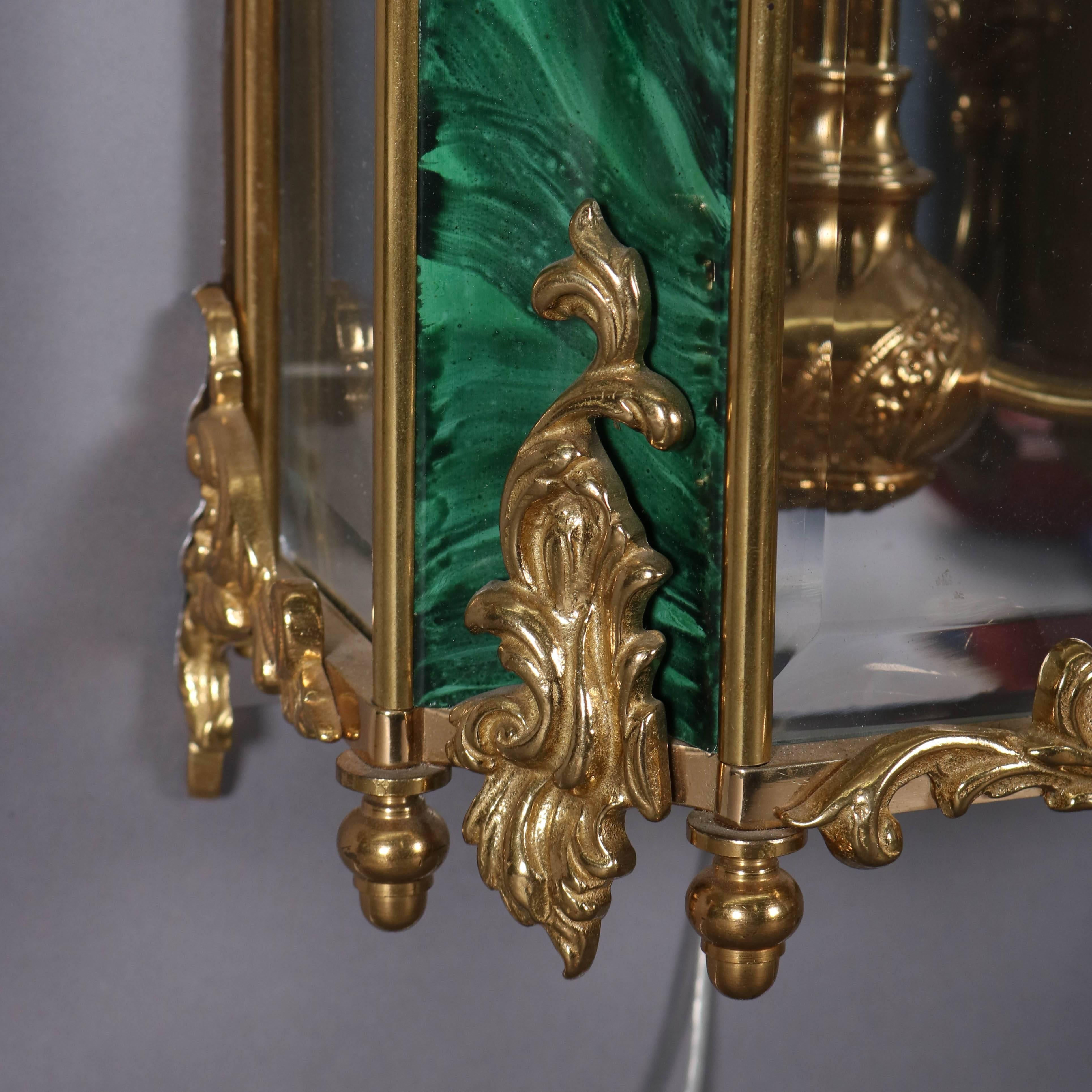 20th Century French Style Gilt Bronze and Faux Malachite Panelled Mirrored Wall Sconces, Pair