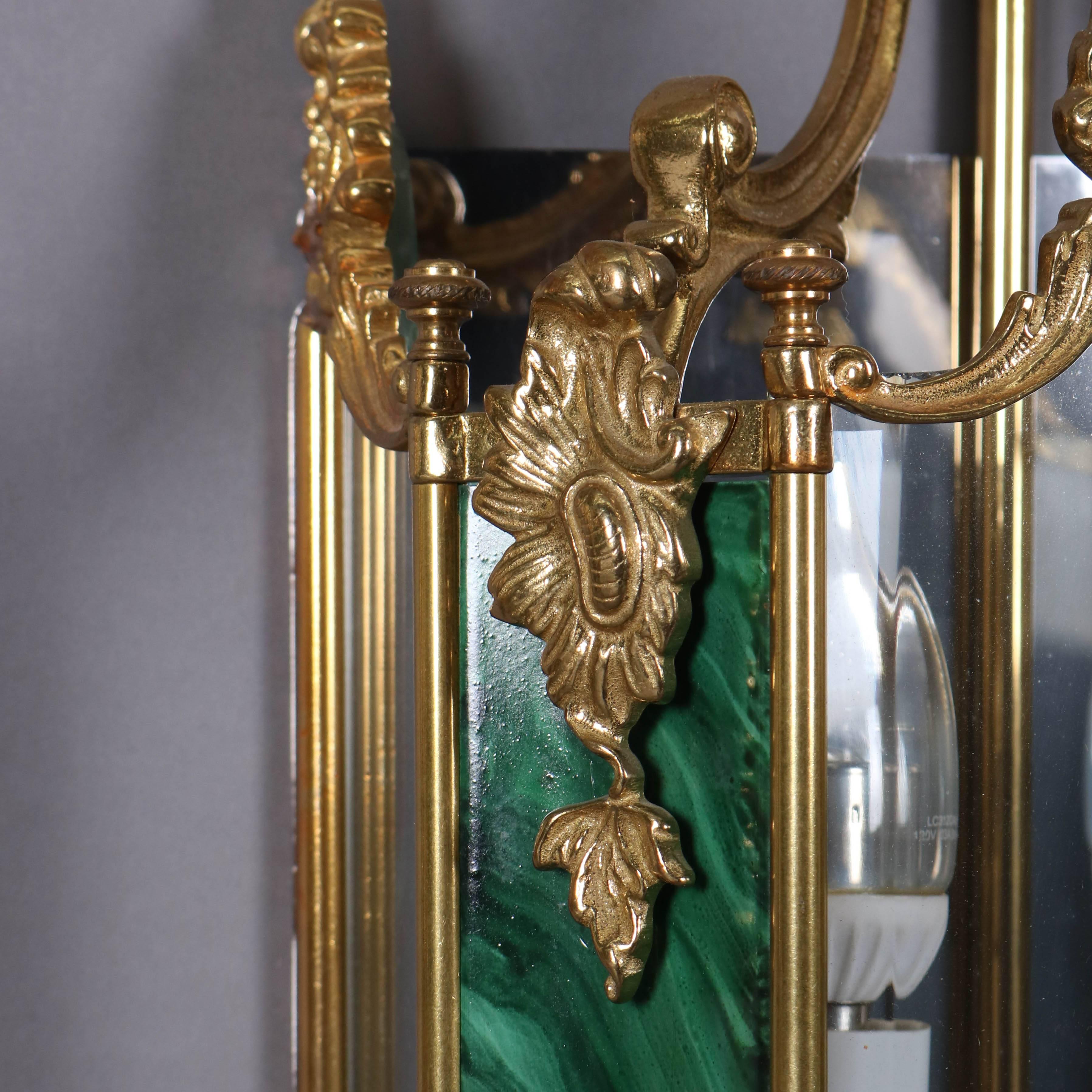 French Style Gilt Bronze and Faux Malachite Panelled Mirrored Wall Sconces, Pair 1