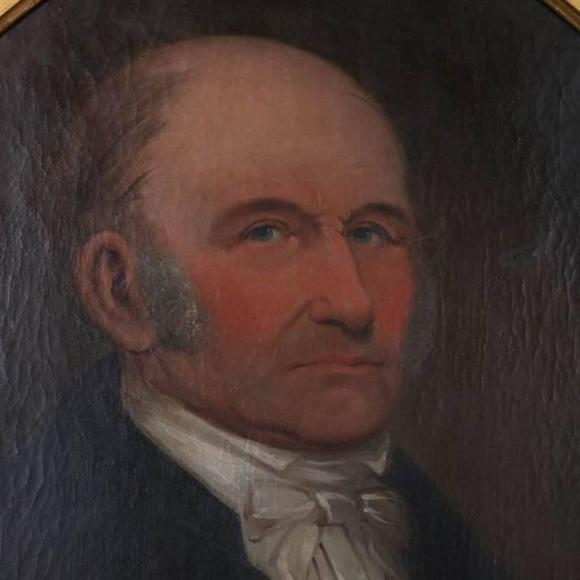Antique oil-on-canvas portrait painting of a baron seated in first finish giltwood frame, en verso dated and signed "W. Tinsley Jan. 1, 1848, Lyons, Wayne, NY", 19th century

Measures - fr: 37" H x 31" W x 2.5" D, los: