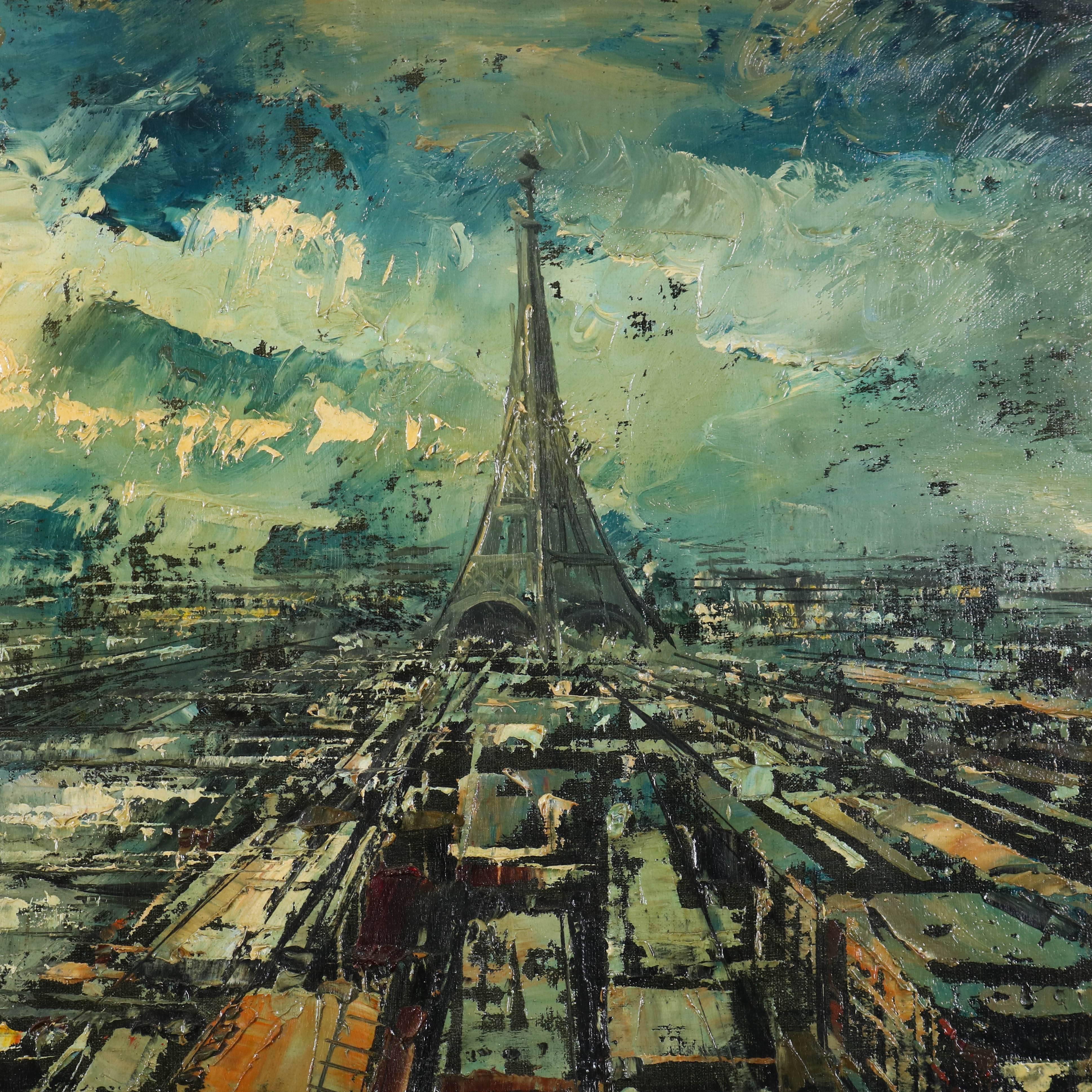 French Impressionist Oil on Canvas Cityscape of Eiffel Tower, Paris by Vincent In Good Condition In Big Flats, NY
