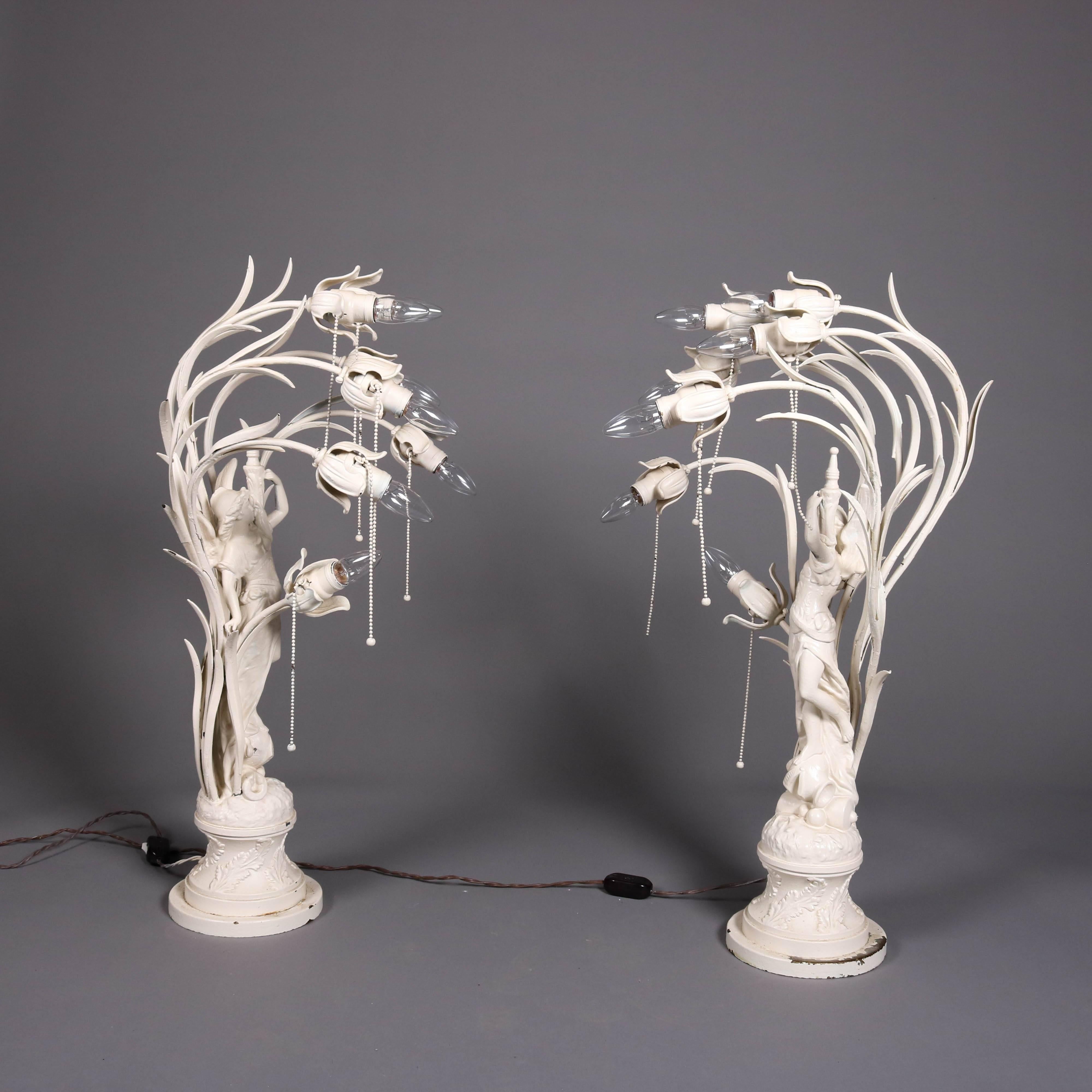 Pair Oversized Art Nouveau Figural Lamps, Flower Form Lights, Early 20th Century 1