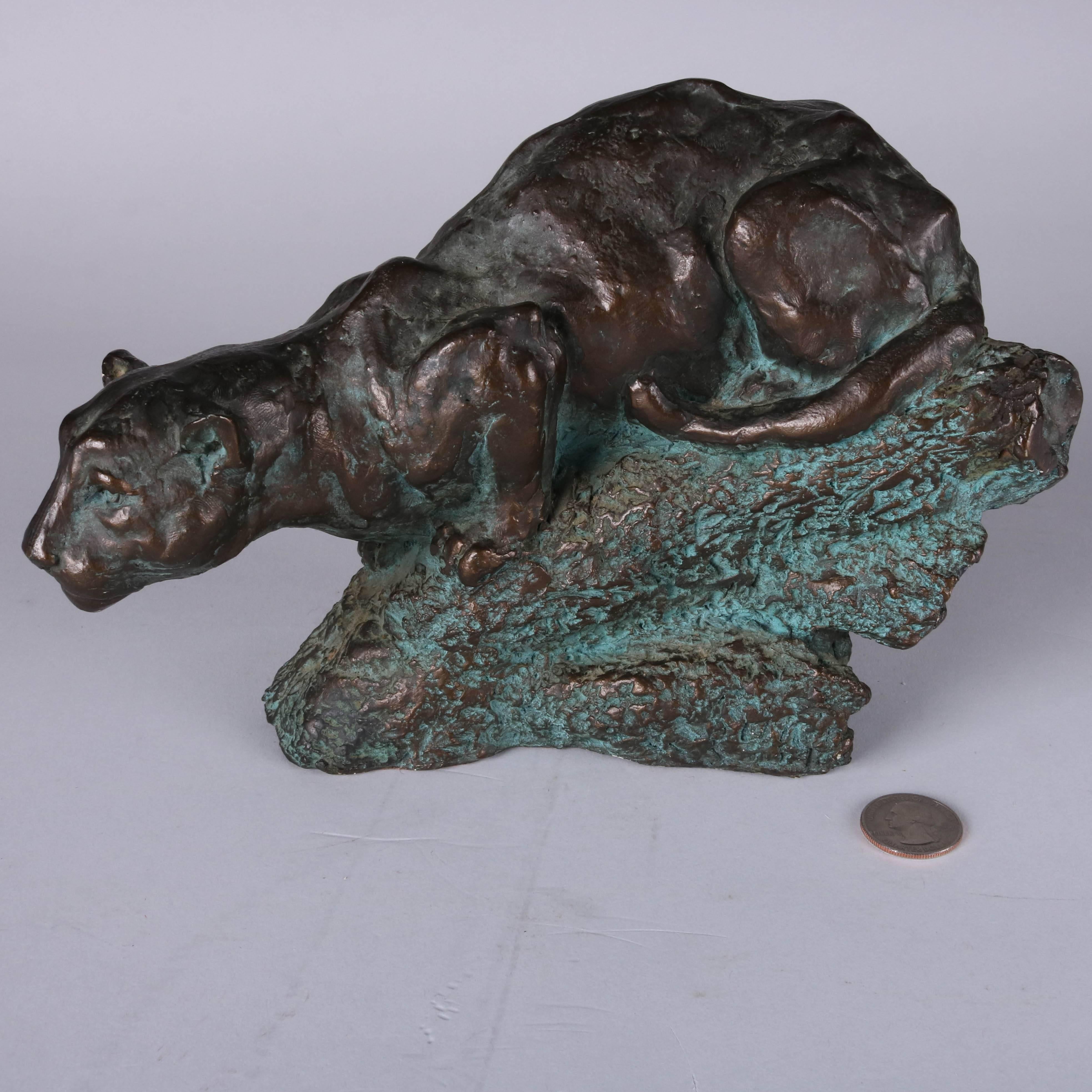 Bronzed Figural Sculpture of Stalking Cougar on the Hunt In Good Condition In Big Flats, NY