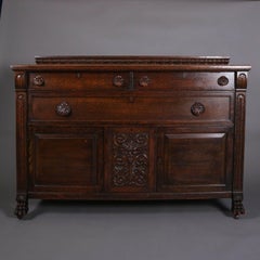 Antique Oak Sideboard with Carved North Wind God Panel and Paw Feet 19th Century