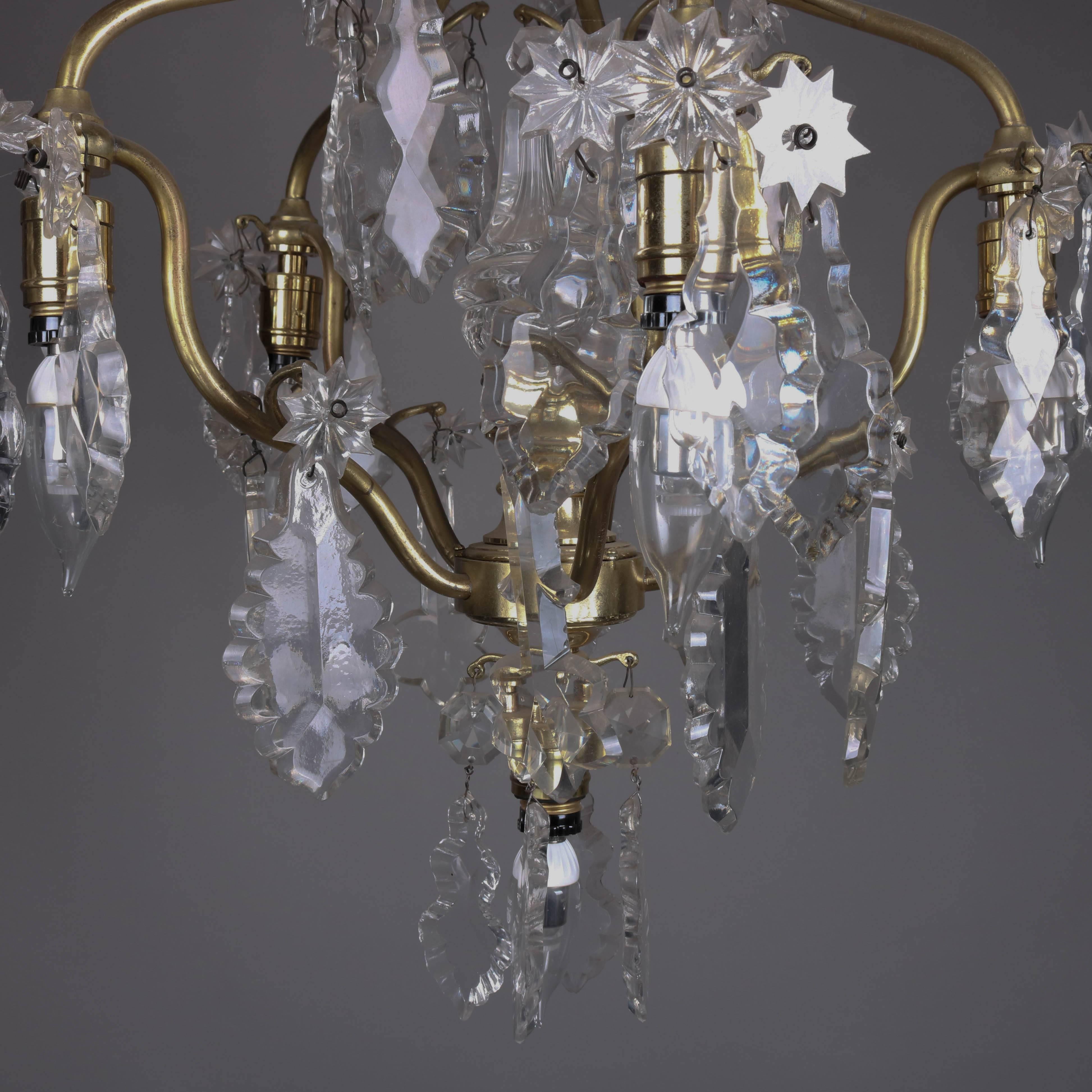 French Five-Light Brass and Cut Crystal Chandelier, Stylized Floral and Foliate In Good Condition In Big Flats, NY