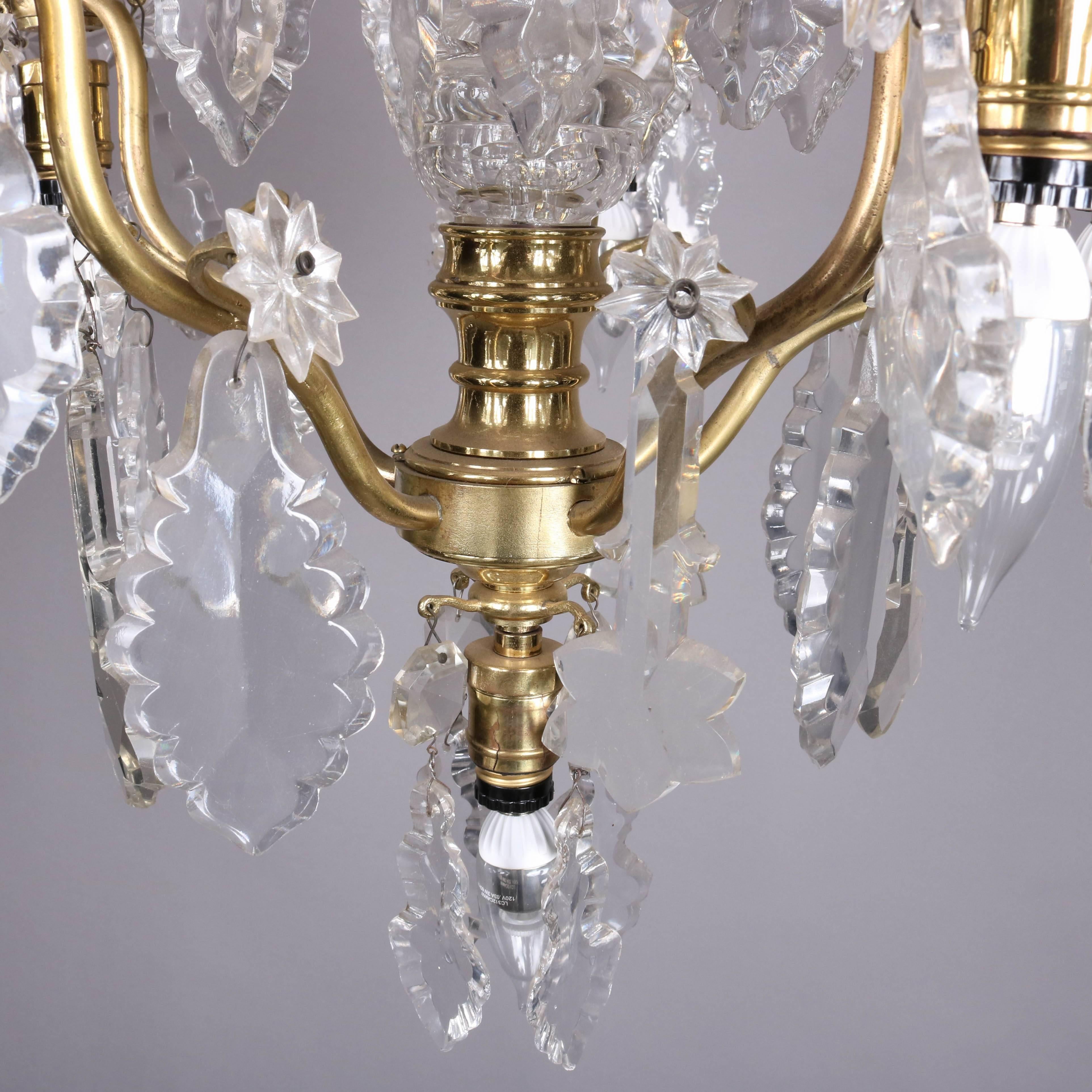 20th Century French Five-Light Brass and Cut Crystal Chandelier, Stylized Floral and Foliate