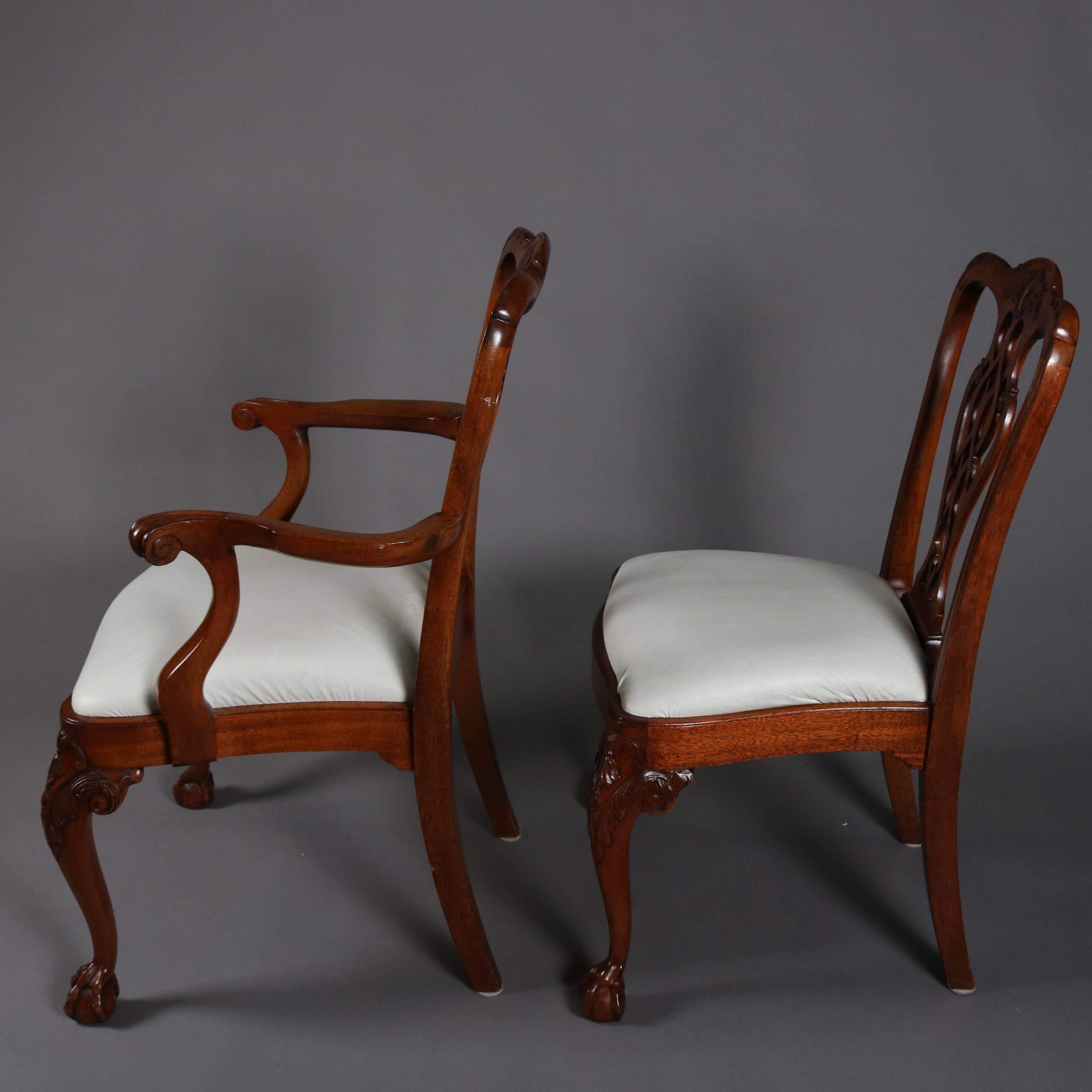 20th Century Set of Eight Chippendale Style Flat Back Carved Mahogany Dining Chairs