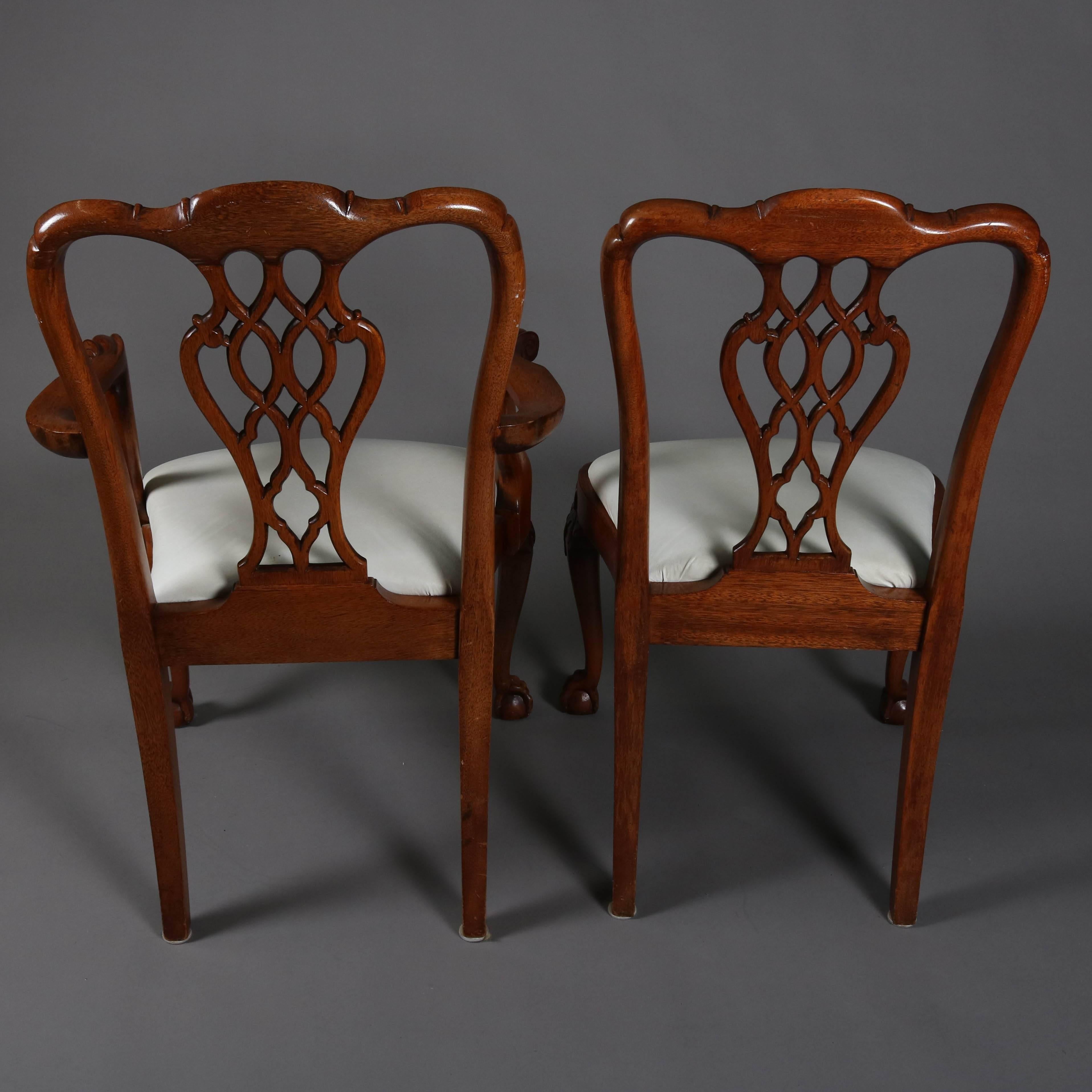 Set of Eight Chippendale Style Flat Back Carved Mahogany Dining Chairs 1