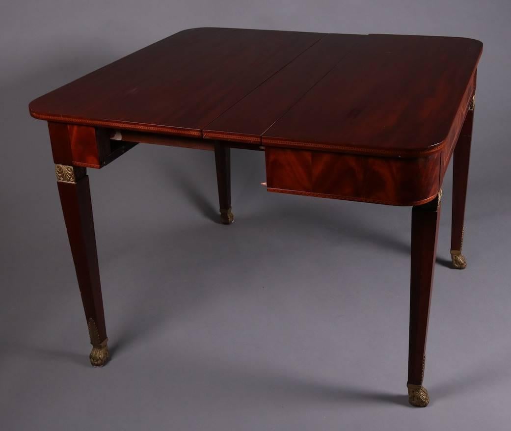 Carved Antique French Empire Flame Mahogany Satinwood Banded and Gilt Game Table, 19thC